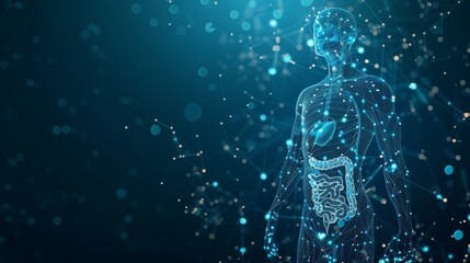 Wall Mural - detailed low poly wireframe of the human body with scattered particles and light effects on dark bac