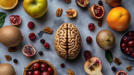 Fresh organic fruits and walnuts, foods for human brain. Raw green vitamin nutrition to think clearly and have a healthy creative mind. Memory and concentration, diet for mental and body detox