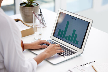 Aufkleber - Office, desk and woman with hand on laptop for business plan, marketing strategy and analysis. Advertising agency, person and tech with graph on screen for research proposal, info and brainstorming