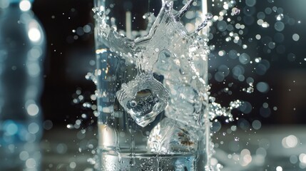 Poster - Refreshing glass of water with ice cubes, perfect for summer