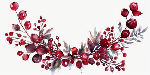 Poster - Vibrant watercolor painting of red berries and leaves, perfect for nature-themed designs