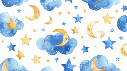 Poster - Abstract pattern of blue and gold stars and crescents. Suitable for backgrounds or festive designs