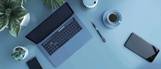 Poster - Rendering of blue office desk with laptop, coffee, smartphone, and accessories.