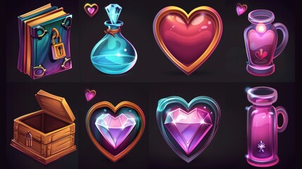 Wall Mural - Icons for games with heart shapes. Modern collection of gui design assets - closed book with lock, wooden chest, coin with diamond and magical potion bottle with love form decorations.