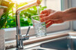 A hand filling a glass with clean tap water in the kitchen sink during the day