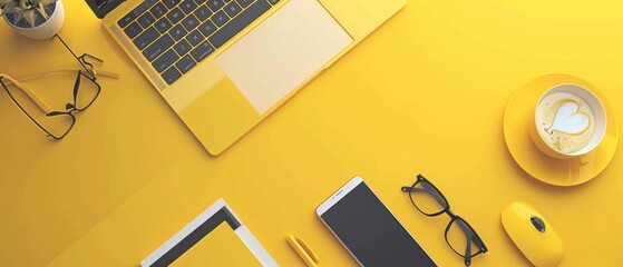 Poster - An office desk with a laptop, coffee, smartphone, and accessories in a yellow color. This is an animation in 3D