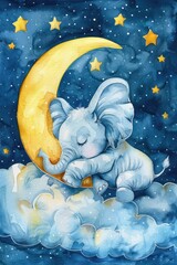 Aufkleber - A cute baby elephant peacefully sleeping on a fluffy cloud. Ideal for children's book illustrations