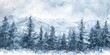 Beautiful watercolor painting of a snowy mountain scene, perfect for winter-themed designs