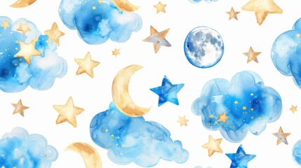 Poster - A beautiful watercolor painting of a night sky with stars and the moon. Ideal for backgrounds or celestial-themed designs