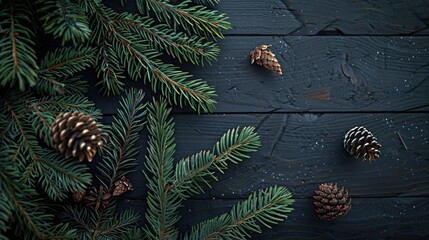 Aufkleber - Pine cones and fir branches on a wooden table. Perfect for winter and holiday themes