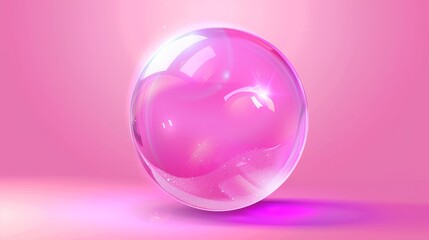 Poster - Realistic 3d pink transparent soap ball. Rainbow water bubble with foam texture. Magic iridescent sphere design of wash soapy element. Dream bokeh laundry illustration with sparkle isolated on white.