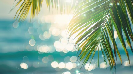 Aufkleber - Sun shining through palm leaves on a beautiful beach, perfect for travel brochures or tropical vacation ads