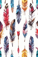 Poster - Colorful feathers arranged on a clean white background. Perfect for artistic projects or nature-themed designs