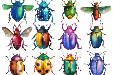 Wall Mural - Colorful bugs on a plain white background, suitable for educational purposes or nature-themed designs