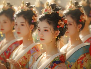 Sticker - A group of women wearing traditional Japanese clothing and headdresses. The women are all smiling and seem to be enjoying themselves