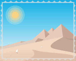 Wall Mural - Illustration of egyptian pyramids inside desert landscape day light post stamp