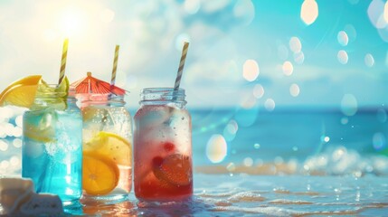 Wall Mural - Three mason jars filled with drinks on a sandy beach. Perfect for summer vacation concepts