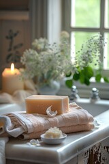 Poster - Soap bar on towel with candle, ideal for spa concept