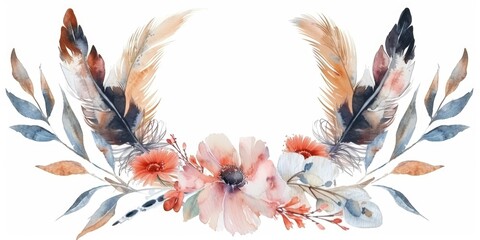 Poster - Beautiful watercolor painting of a wreath made of flowers and feathers. Perfect for invitations, cards, and decor
