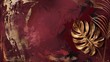 Stunning botanical design with exotic jungle leaves, golden paint smear and gold leaf on dark red background. Perfect for holiday sale invitations.