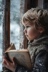 Poster - A young boy engrossed in reading by a window. Suitable for educational or leisure concepts