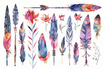 Poster - Colorful watercolor feathers and arrows. Perfect for boho designs