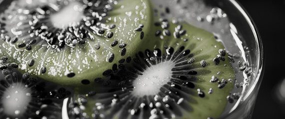 Poster - Close up of a fresh kiwi fruit in a glass of water. Perfect for healthy lifestyle concepts
