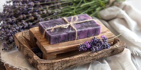 Poster - Two soap bars placed on a wooden tray, suitable for bathroom or spa concepts