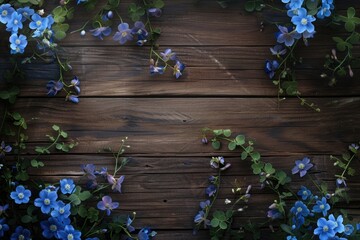 Poster - Blue flowers arranged on a wooden surface, perfect for nature and floral themes