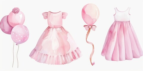 Poster - A collection of colorful watercolor dresses and balloons. Ideal for fashion design projects and party invitations