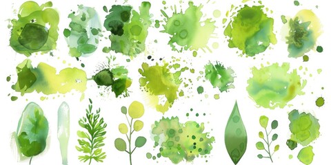 Poster - A variety of watercolor green plants and leaves. Ideal for botanical designs