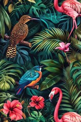 Poster - Colorful tropical birds flock in lush jungle. Perfect for nature-themed designs