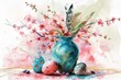 A painting of a vase filled with colorful flowers and decorated with Easter eggs. Perfect for Easter-themed projects