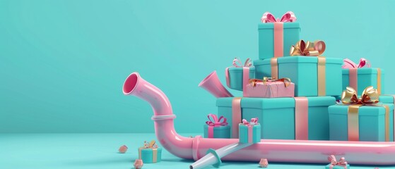 Poster - 3d rendering of gift boxes with big pipes on pastel blue backgrounds. Minimal concept.