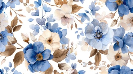 Poster - A beautiful pattern of blue and white flowers on a white background. Perfect for floral designs