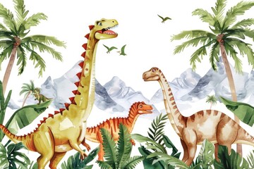 Poster - Group of dinosaurs moving in lush jungle setting. Suitable for educational materials