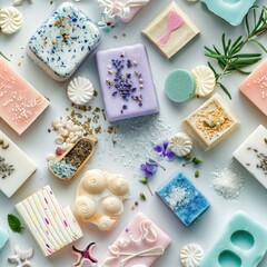 Poster - Different types of soaps on a white table, suitable for hygiene or spa concept