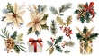 Various Christmas decorations including poinsettias, holly leaves, pine cones. Perfect for holiday designs