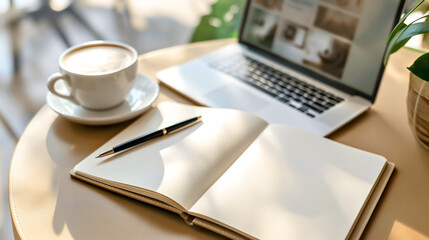 Empty blank white pages in notebook journal or diary on office table next to the coffee mug or cup and laptop computer with morning sunlight. Workplace or workspace interior indoors, nobody