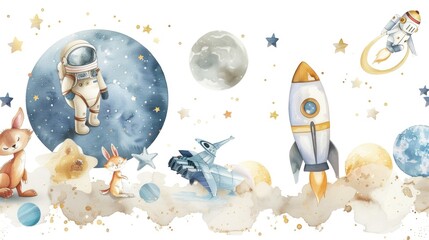 Poster - A beautiful watercolor painting of a space scene with a rocket and animals. Perfect for educational materials or children's books