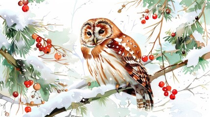 Poster - Watercolor painting of an owl perched on a tree branch. Ideal for nature and wildlife themes