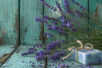 Aufkleber - A soap bar with lavender flowers on a rustic wooden table. Perfect for spa and relaxation concepts