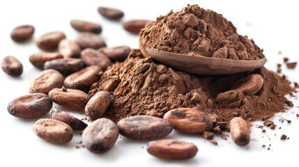 Poster - A pile of cocoa beans with a wooden spoon. Ideal for food and beverage concepts