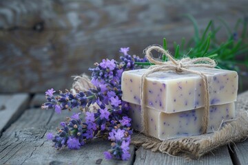 Poster - A bunch of soap displayed on a wooden table. Perfect for hygiene and spa concepts