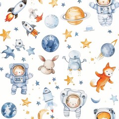 Poster - A watercolor illustration of a child in a space suit, suitable for educational materials