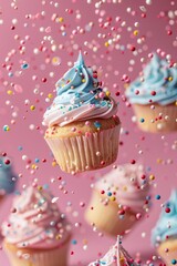 Poster - Delicious cupcakes with vibrant frosting and sprinkles, perfect for bakery or celebration concepts