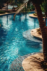 Poster - A serene pool with a palm tree, perfect for travel and leisure concepts