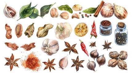 Aufkleber - Various spices and nuts arranged on a clean white background. Perfect for food and cooking related projects