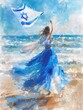 Watercolor painting of a woman standing on the beach and holding up flag of israel.