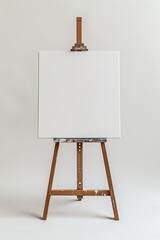 A wooden easel and a blank canvas on it.